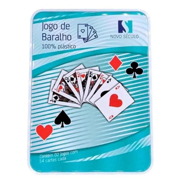 Jogo de Baralho 100% Plástico C/108 Cartas Á Prova Dágua Lata - Novo Século Imagem de Jogo de Baralho 100% Plástico C/108 Cartas Á Prova Dágua Lata - Novo Século