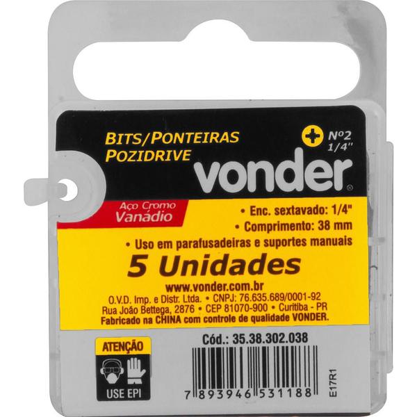 Imagem de Jogo de Bits Ponteira Pozidrive com Encaixe 1/4" Nº 2X38mm - Vonder