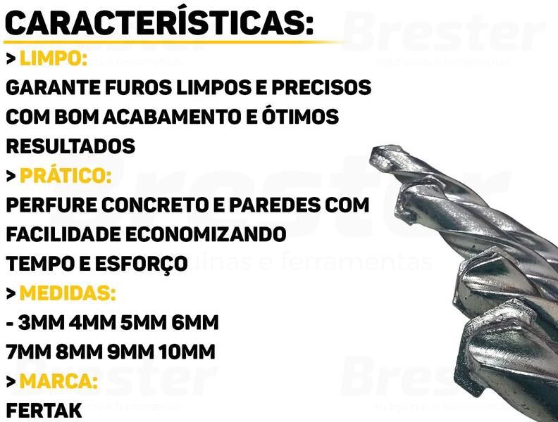 Imagem de Jogo De Brocas Para Concreto 8 Peças 3 A 10mm Haste Cilíndrica Aço Carbono Alta Resistência Fertak