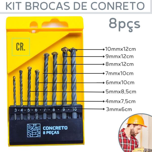 Imagem de Jogo de Brocas Para Concreto Com 8 Peças Fertak Tools Kit de Broca Para Furar Parede Com Estojo Broca Para Furadeira.