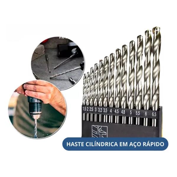 Imagem de Jogo de Brocas para Metal 13 Peças de 1,5mm a 6,5mm para Furadeiras Elétrica ou Manual Aço de Alta Resistência Haste Cilíndrica Perfurações Precisas