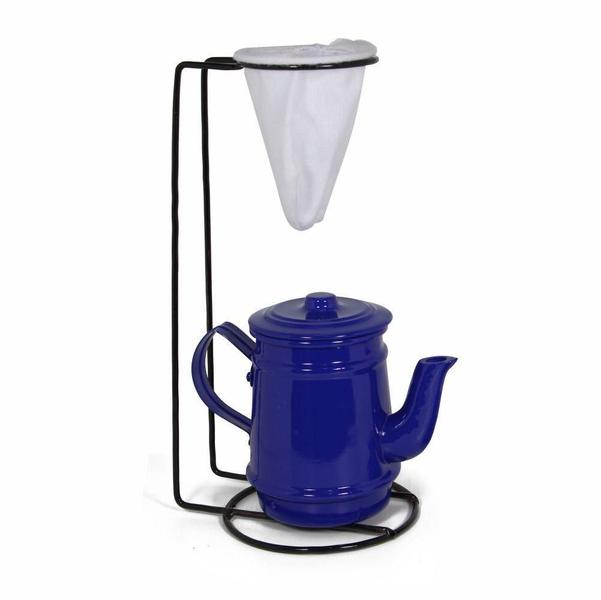 Imagem de Jogo De Café Mini Bule 400ml Alumínio + Suporte Com Coador - Azul Escuro