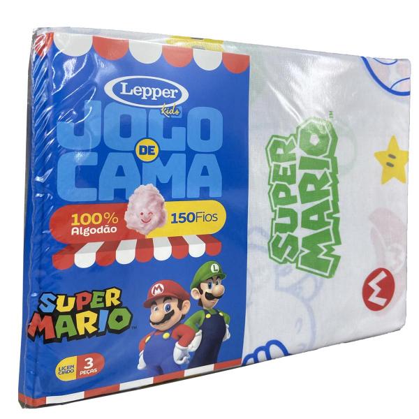 Imagem de Jogo de Cama 100% Algodão Solteiro Estampado Super Mario 1,40 m x 2,10 m Com 3 Peças Lepper