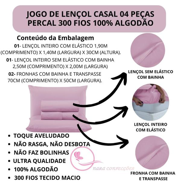 Imagem de Jogo de Cama Box Casal 04 peças 100% Algodão Lençol Liso Percal 300 Fios