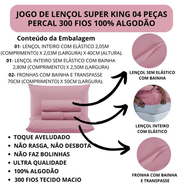 Imagem de Jogo de Cama Box King Size 04 Peças Liso 100% Algodão Linha Prime Percal 300 Fios