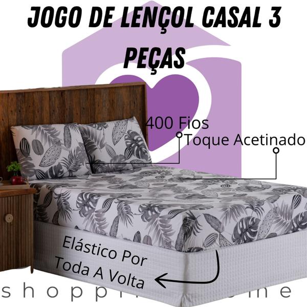 Imagem de Jogo De Cama Casal 3 peças Lençol Micro Percal 400 Fios Estampado