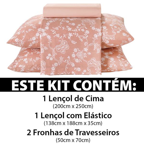 Imagem de Jogo de Cama Casal 4 peças Lençol com Elástico 100% Algodão Percal 130 Fios 138x188x35cm - Dohler