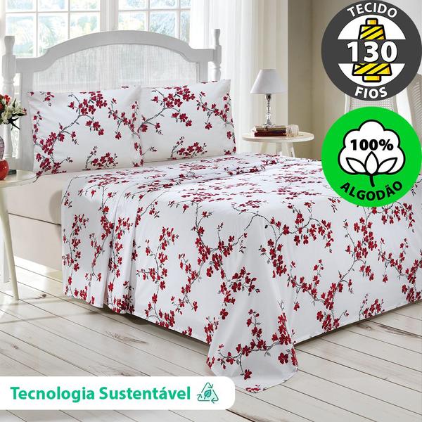 Imagem de Jogo de Cama Casal 4 peças Lençol com Elástico 100% Algodão Percal 130 Fios 138x188x35cm - Dohler