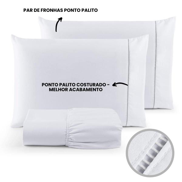 Imagem de Jogo de Cama Casal Lençol com Elástico 200 Fios Ponto Palito Branco 03 Peças