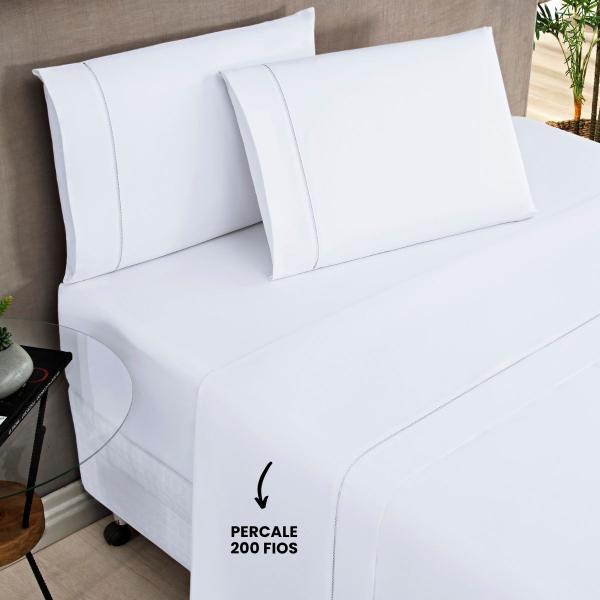 Imagem de Jogo de Cama Casal Percale 200 Fios Ponto Palito Elegance 04 Peças Branco