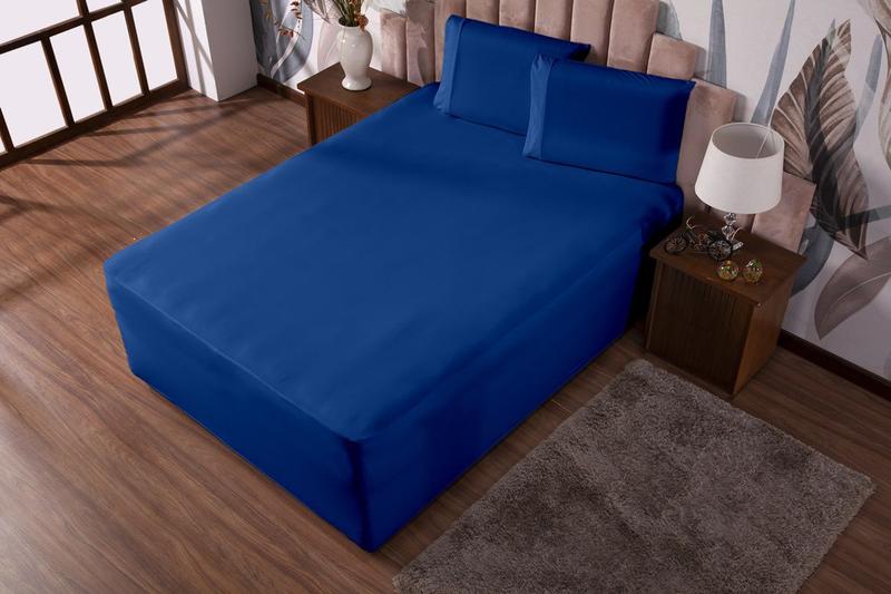 Imagem de Jogo de Cama de Casal para Box Conjugado Lençol + Fronha Malha Gel Luva Liso 3 pç Azul Royal