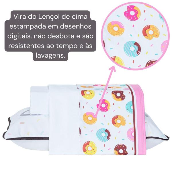 Imagem de Jogo de Cama Infantil Lençol Urso Donuts Branco Solteiro 03 Peças - Percal 200 Fios