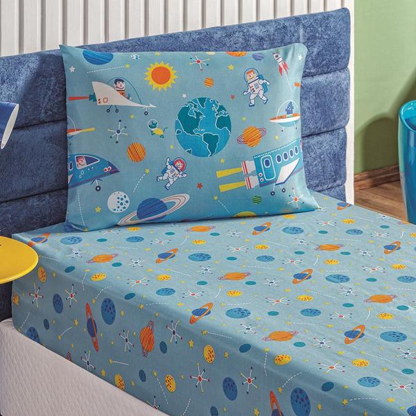 Imagem de Jogo de Cama Lençol Carrosel Solteiro 02 Peças Infantil Estampado Divertido - Astronauta Azul