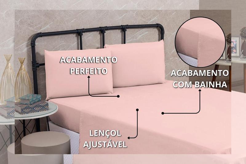 Imagem de Jogo de Cama Lençol Casal 200 Fios Algodão 4 peças Conjunto com Elástico e Fronhas