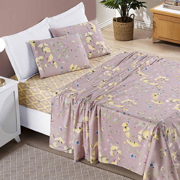 Imagem de Jogo de Cama Lençol Casal Padrão 04 Peças Microfibra Estampada Ayla - Lavanda Floral