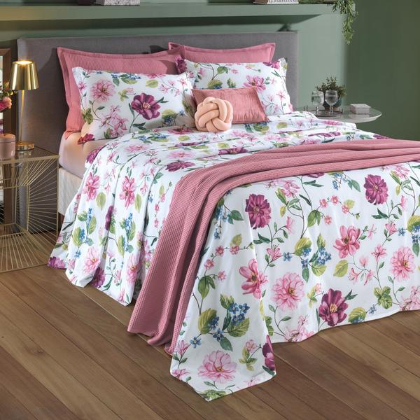 Imagem de Jogo De Cama Lençol Casal Queen 100% Algodão 4 Peças Estampado Folhas Flores Branco