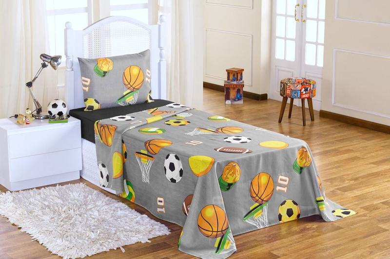 Imagem de Jogo De Cama Lençol Kids Solteiro Infantil Com 03 Peças Estampado Futebol Cinza