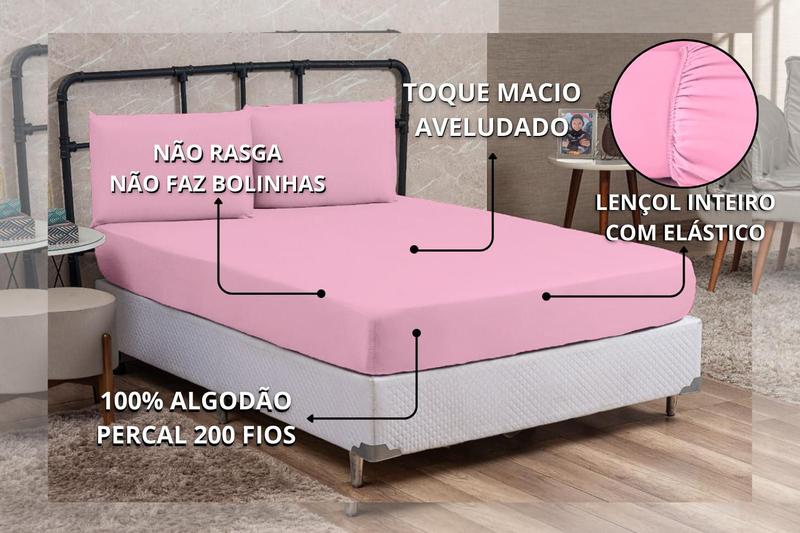 Imagem de Jogo de Cama Lençol Queen 200 Fios Algodão 4 peças Conjunto com Elástico e Fronhas