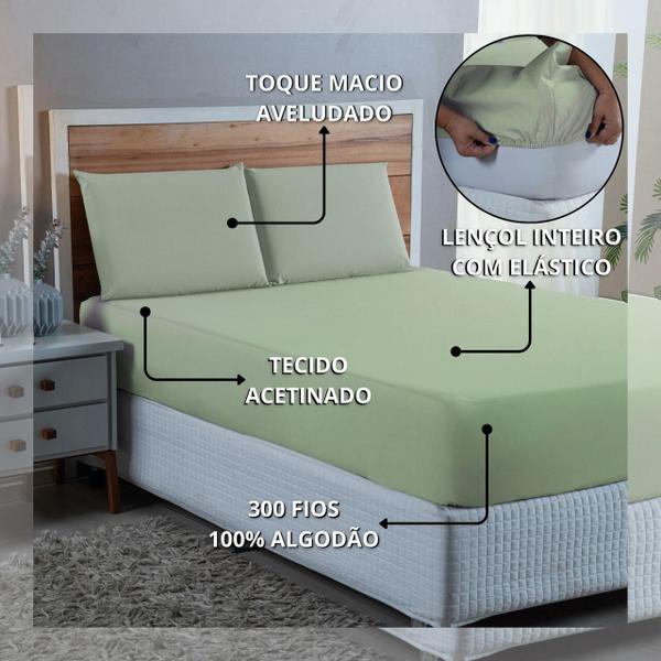 Imagem de Jogo de Cama Lençol Queen 300 Fios Algodão 3 peças Conjunto com Elástico e Fronhas