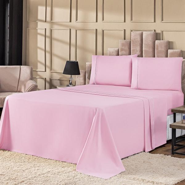 Imagem de Jogo De Cama Liso Porcelana 200 Fios Ponto Palito Queen 4 Peças Rosa