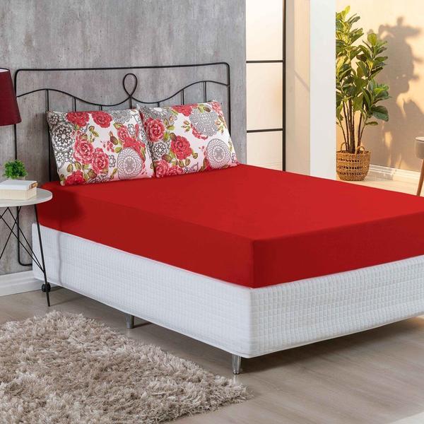 Imagem de Jogo De Cama Malha Lençol 100% Algodão Primavera 3 Peças Queen - Floral Vermelho 