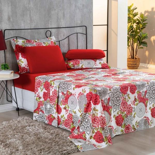 Imagem de Jogo De Cama Malha Lençol 100% Algodão Primavera 4 Peças King - Floral Vermelho 