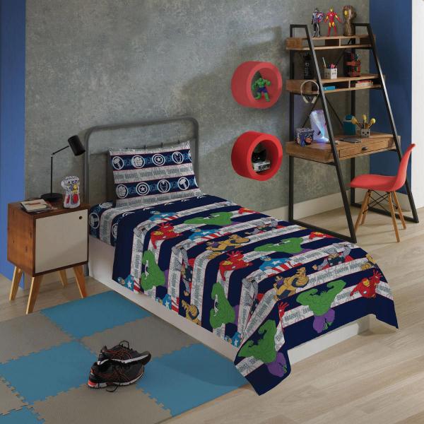 Imagem de Jogo de Cama Microfibra Solteiro Estampado Avengers 1,40 m x 2,20 m Com 3 Peças Lepper