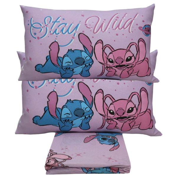 Imagem de Jogo de Cama Portallar Casal Malha Mista Joy Disney Stitch e Angel Love 03 Peças Rosa