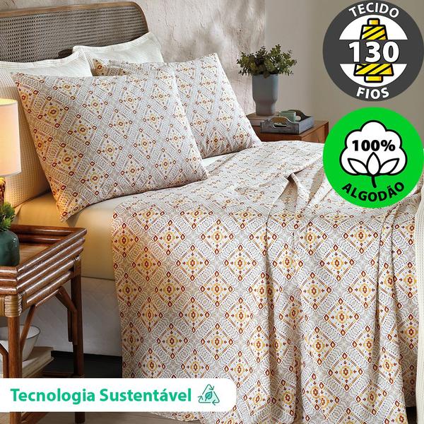 Imagem de Jogo de Cama Queen 4 peças Lençol com Elástico 100% Algodão Percal 130 Fios 158x198x35cm - Dohler