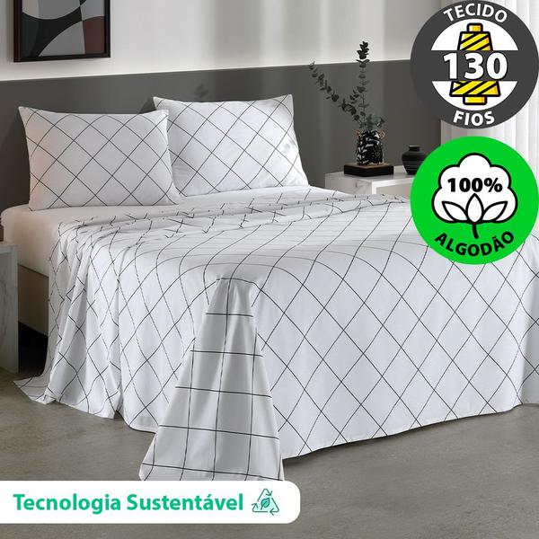 Imagem de Jogo de Cama Queen 4 peças Lençol com Elástico 100% Algodão Percal 130 Fios 158x198x35cm - Dohler