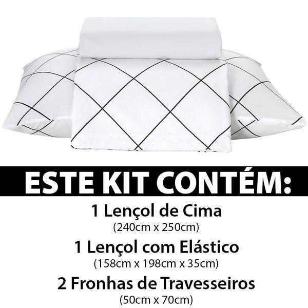 Imagem de Jogo de Cama Queen 4 peças Lençol com Elástico 100% Algodão Percal 130 Fios 158x198x35cm - Dohler