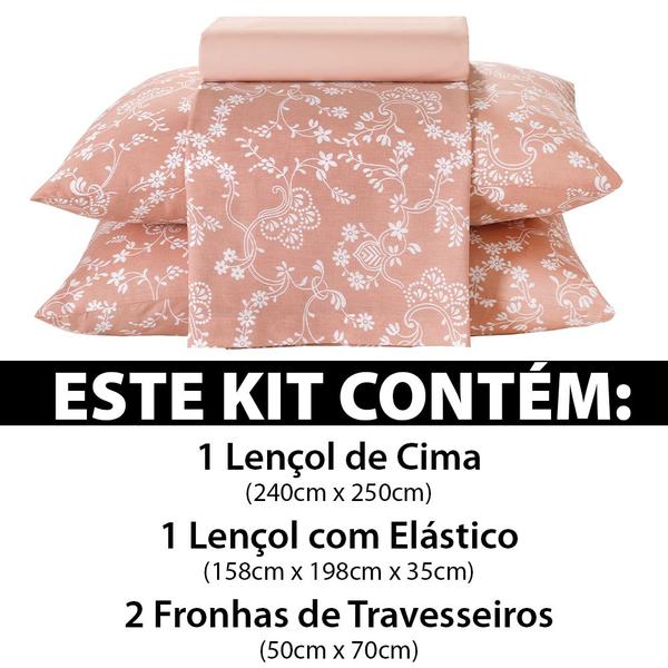 Imagem de Jogo de Cama Queen 4 peças Lençol com Elástico 100% Algodão Percal 130 Fios 158x198x35cm - Dohler