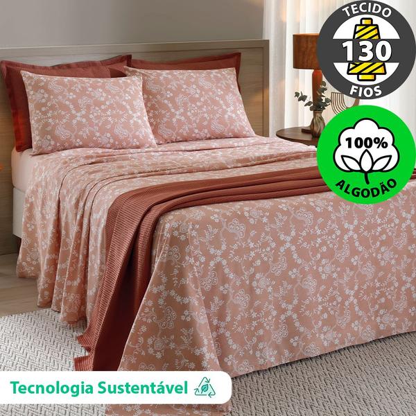 Imagem de Jogo de Cama Queen 4 peças Lençol com Elástico 100% Algodão Percal 130 Fios 158x198x35cm - Dohler