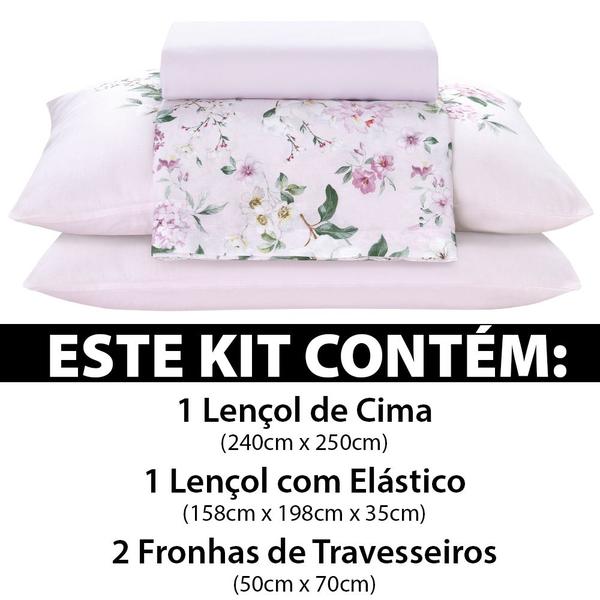 Imagem de Jogo de Cama Queen 4 Peças Lençol com Elástico 100% Algodão Percal 180 Fios 158x198x35cm - Dohler