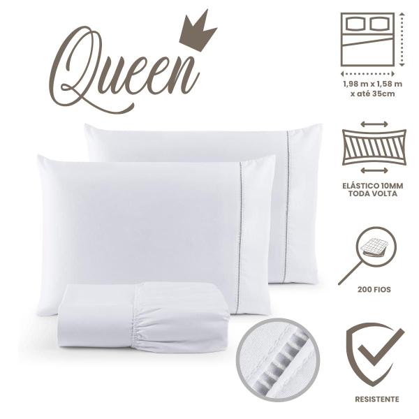 Imagem de Jogo de Cama Queen Lençol com Elástico 200 Fios Ponto Palito Branco 03 Peças