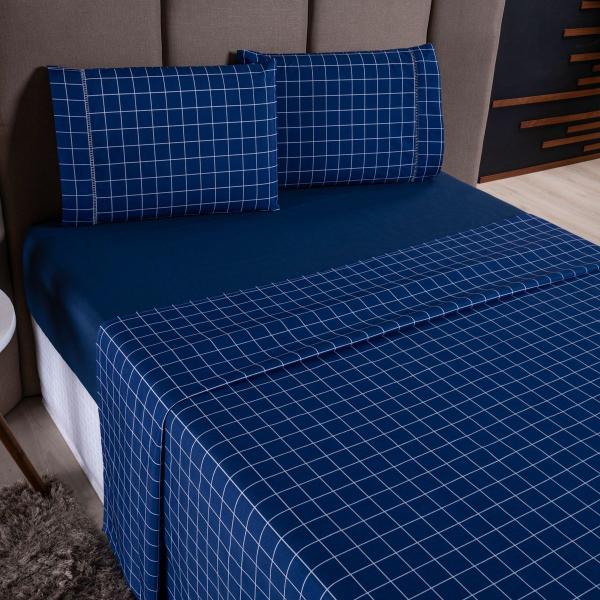 Imagem de Jogo de Cama Refúgio Casal Percal 100% Algodão Luxo 4 Peças Grid Azul