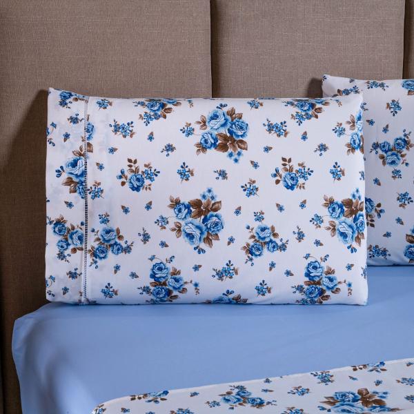 Imagem de Jogo de Cama Refúgio Queen Percal 100% Algodão Luxo 4 Peças Floral Azul