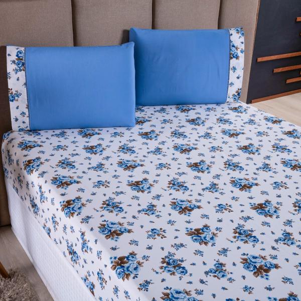 Imagem de Jogo de Cama Refúgio Solteiro Percal 100% Algodão Luxo 2 Pçs Floral Azul