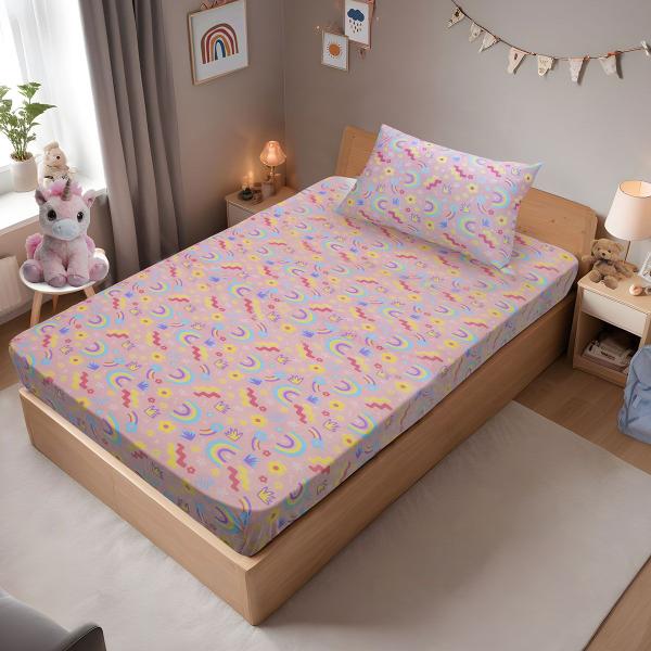 Imagem de Jogo de Cama Solteiro Portallar Malha Misto Estampado Rainbow 2 Pçs com Elástico Rosa