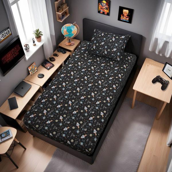 Imagem de Jogo de Cama Solteiro Portallar Malha Misto Estampado Space Fun 2 Pçs com Elástico Preto