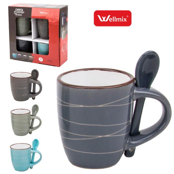 Imagem de Jogo De Caneca De Porcelana Com Colher Para Cafe / Cappuccino Listras 8 Pecas 100Ml - WELLMIX