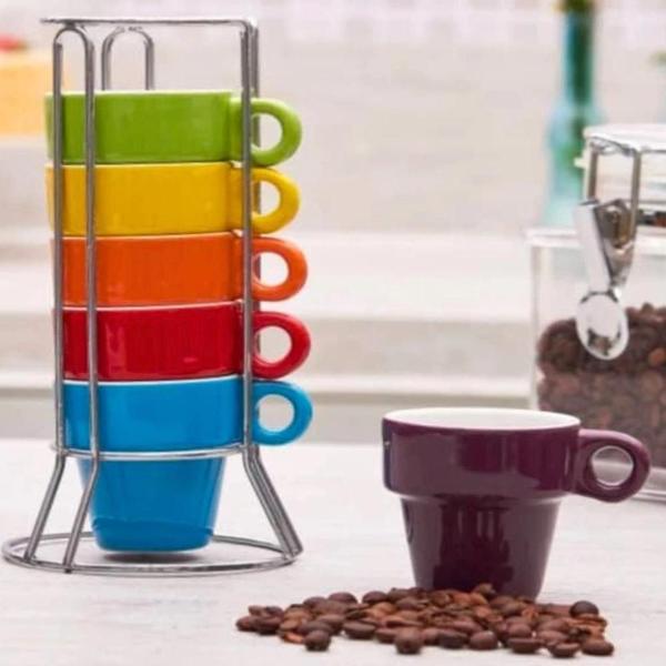 Jogo De Canecas 50Ml Cerâmica 6 Peças Suporte Inox Café Chá - Kadê Imagem de Jogo De Canecas 50Ml Cerâmica 6 Peças Suporte Inox Café Chá