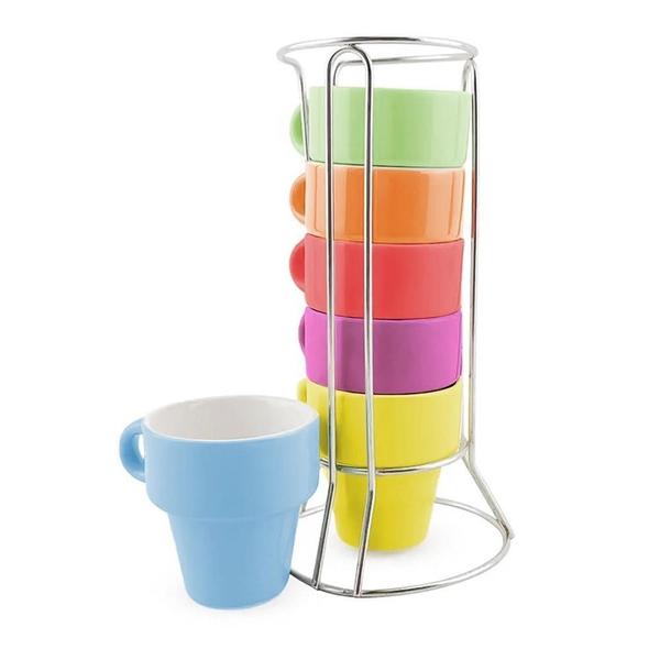 Jogo De Canecas 50Ml Cerâmica 6 Peças Suporte Inox Café Chá - Kadê Imagem de Jogo De Canecas 50Ml Cerâmica 6 Peças Suporte Inox Café Chá