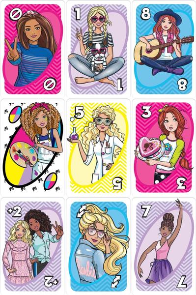 Imagem de Jogo de cartas da Barbie UNO, personagens da Barbie correspondentes, para 2 a 10 jogadores com idades entre 7 anos e mais