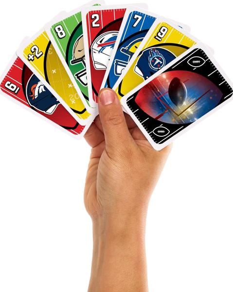 Imagem de Jogo de cartas Mattel Games UNO NFL com logotipos e regras da equipe da NFL