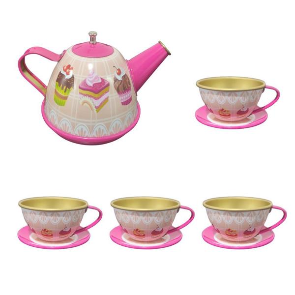 Imagem de Jogo De Chá Café Infantil 14 Pç Rosa Cozinha Metal Brinquedo Docinho 