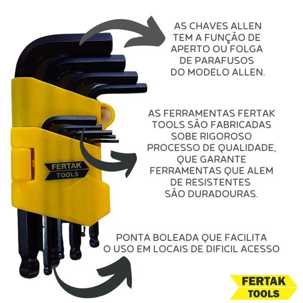 Imagem de Jogo de Chave Allen Abaulada Fertak Tools 9 Peças Em Aço Cromo Vanadium Curta Profissional Com Suporte Plástico Chaves Allen Reforçada Ponta Bola.