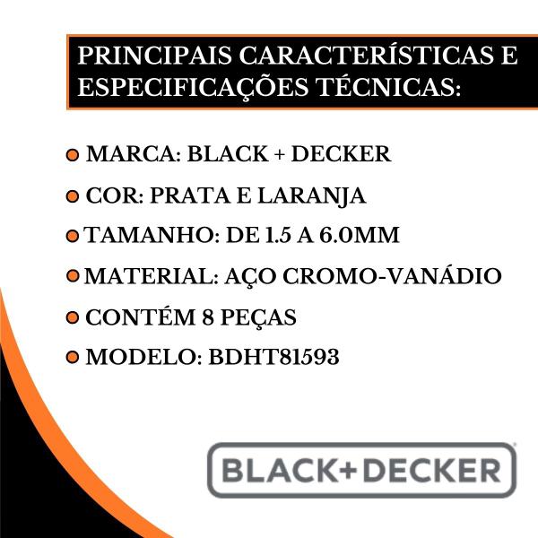 Imagem de Jogo De Chave Allen Tipo L Hexagonal 8pcs 1,5 a 6mm Black Decker BDHT81593 Kit Para Bicicleta Ar Condicionado