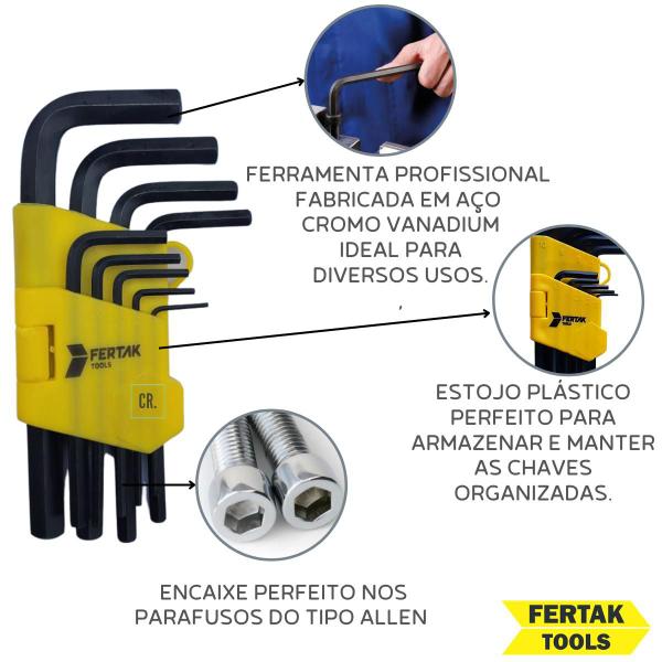 Imagem de Jogo de Chaves Allen Fertak Tools 9 Peças Curta Hexagonal Em Aço Cromo Vanadium  Profissional Com Suporte Reta Jogo Chave Allem Kit Chave Allen.