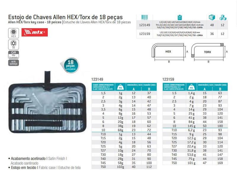 Imagem de Jogo de chaves hexagonais 1,5- 10 mm e torx - t10 - t50  curtas em cromo vanadio com acabamento acetinado 19 peças-mtx